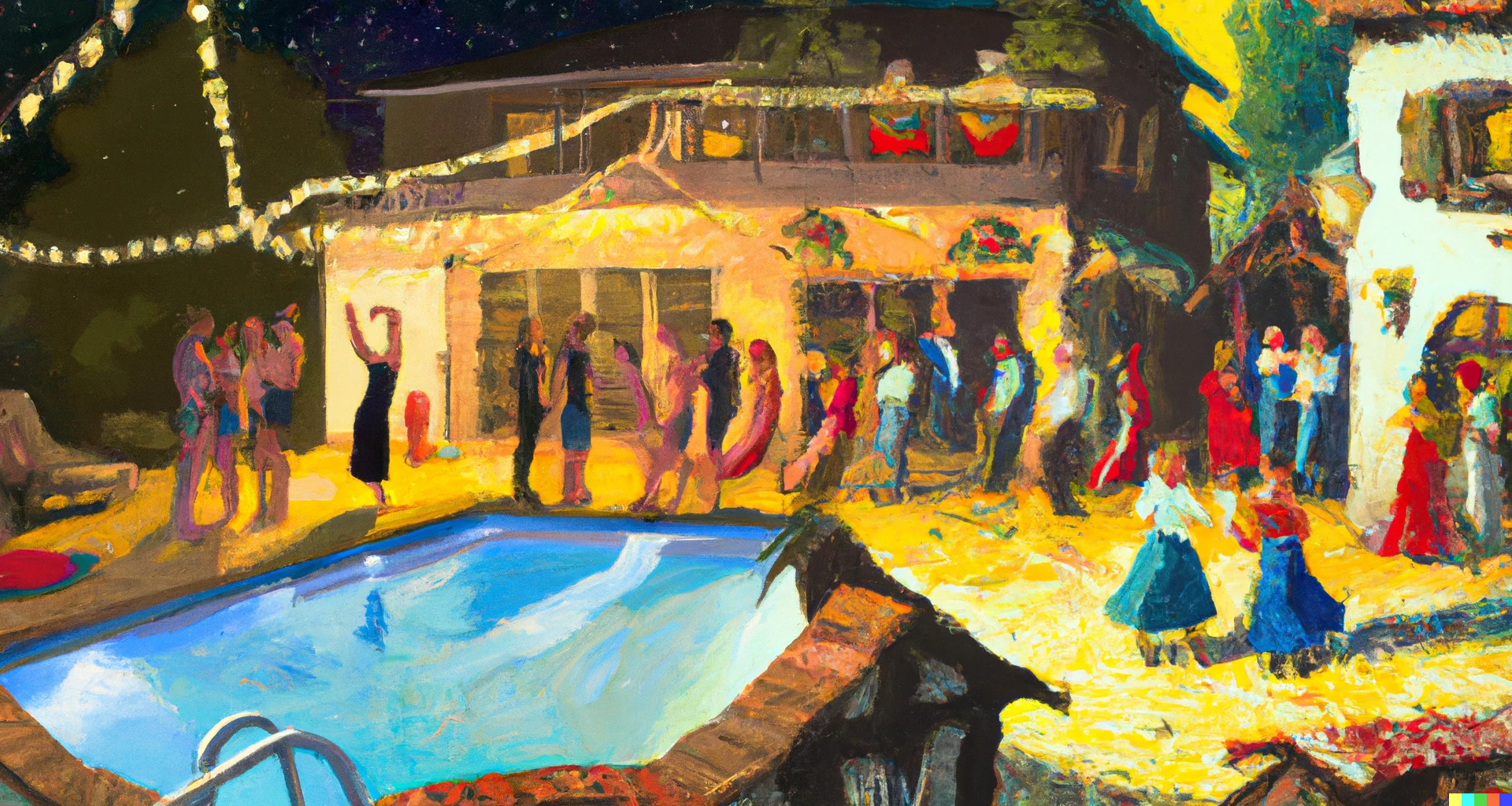 DALL·E 2023-07-16 10.28.20 - oil painting of a backyard college party at a nice house with a pool, at night with string lights and dancing to music