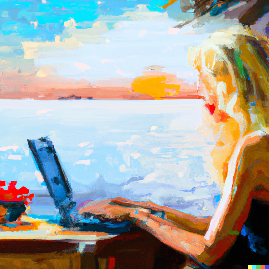 DALL·E 2023-07-21 12.46.36 - the girl is working at a coffee shop at the beach and has a cup of coffee and a small flower vase on her table