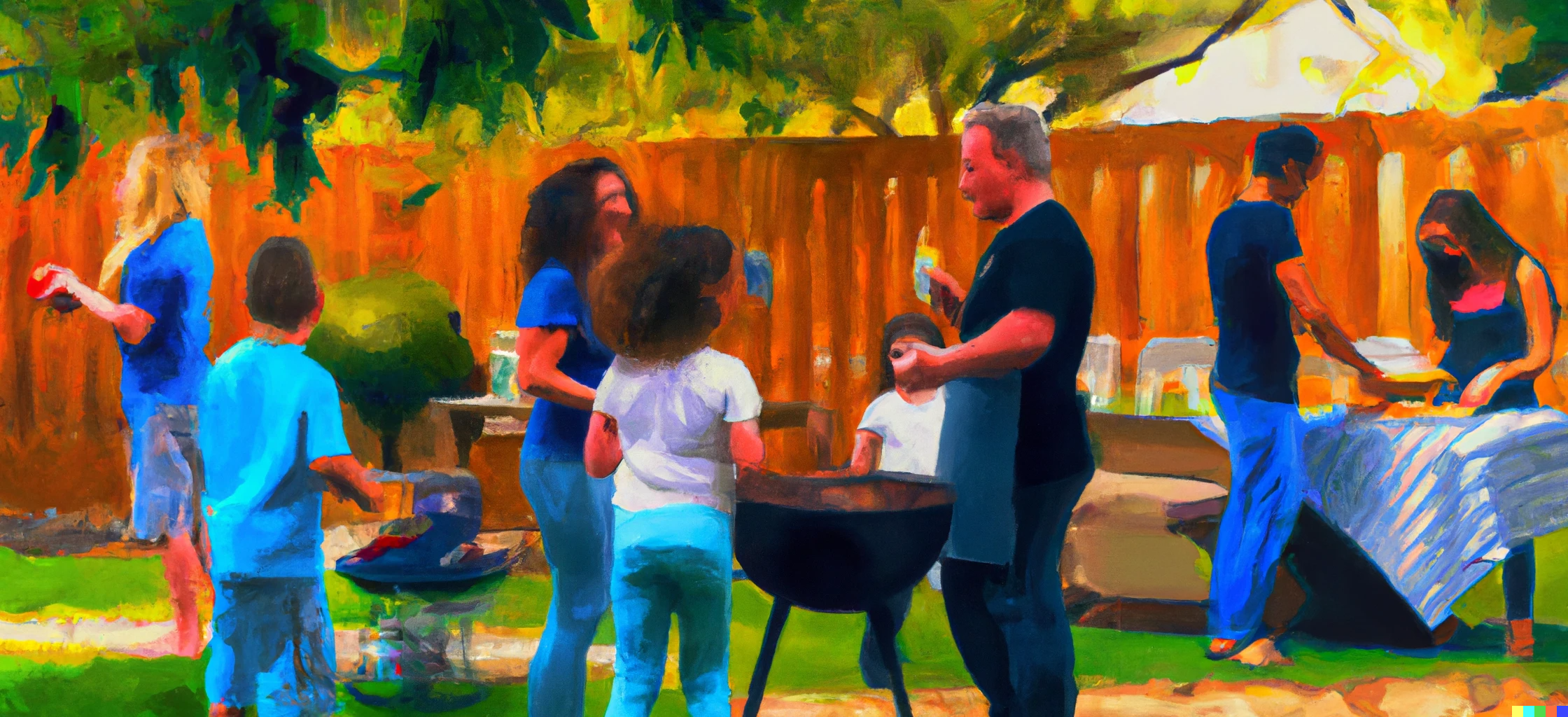 DALL·E 2023-07-24 16.27.57 - oil painting Image of family at a backyard BBQ having fun and kids playing. 